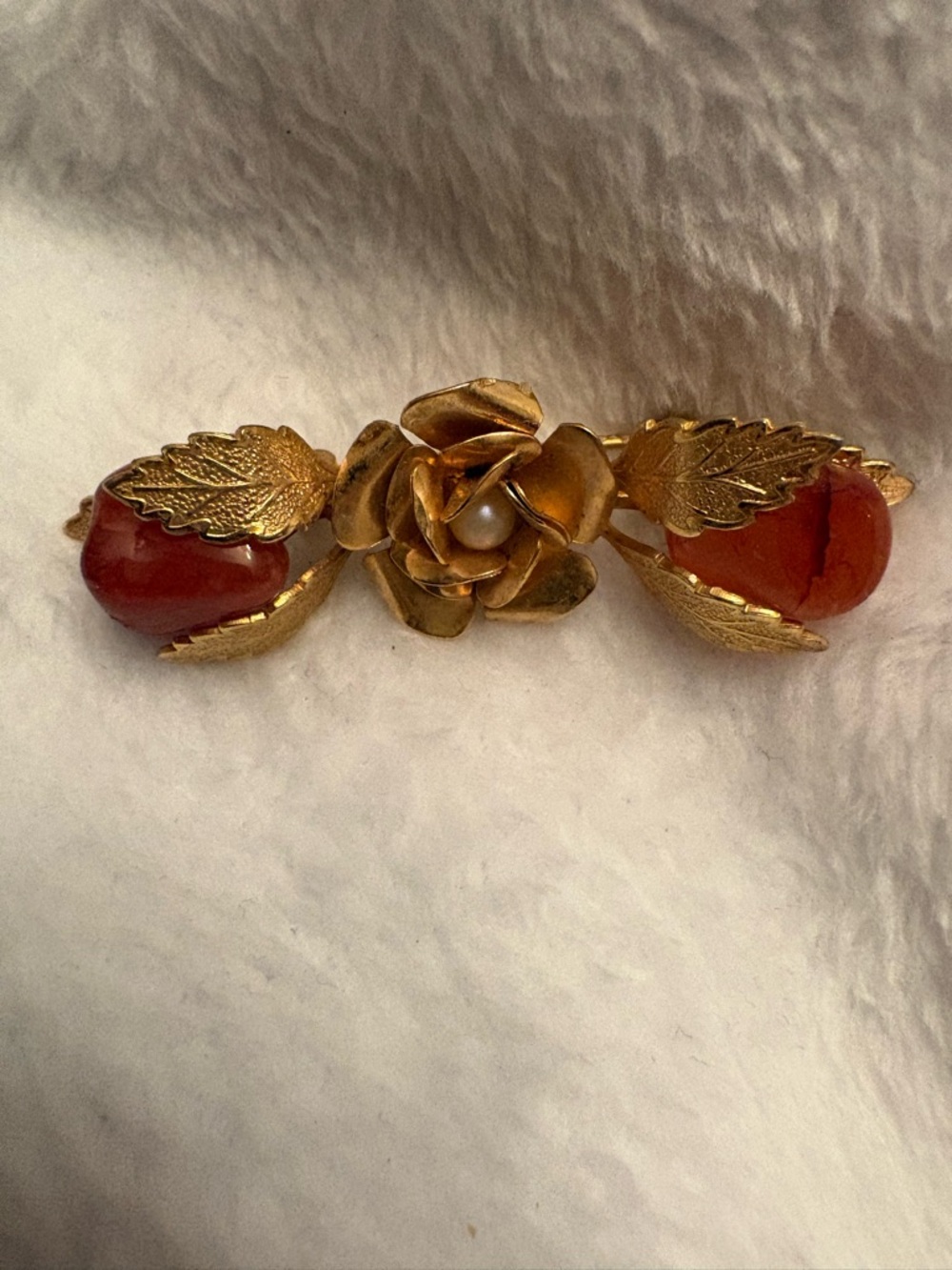 Gold Floral Brooch with Red Coral Accents